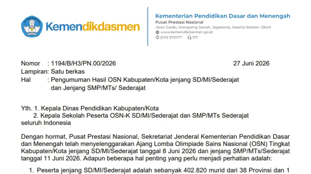 Download Pengumuman Hasil OSN K 2026 SD dan SMP