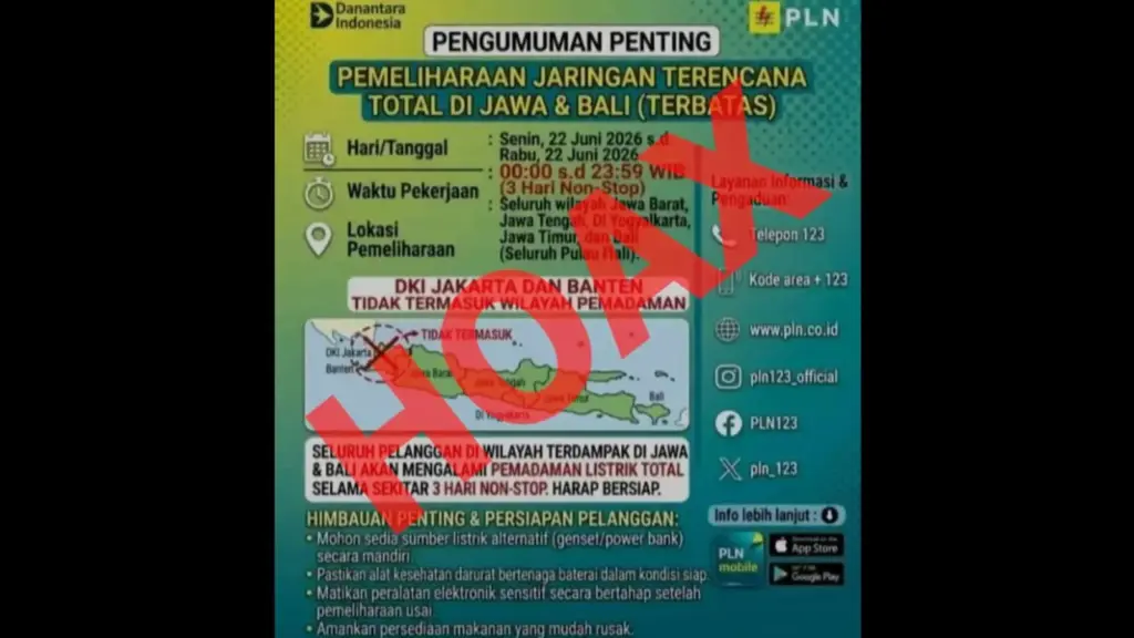 Hoaks Terkait Pemadaman Listrik Total di Wilayah Jawa-Bali