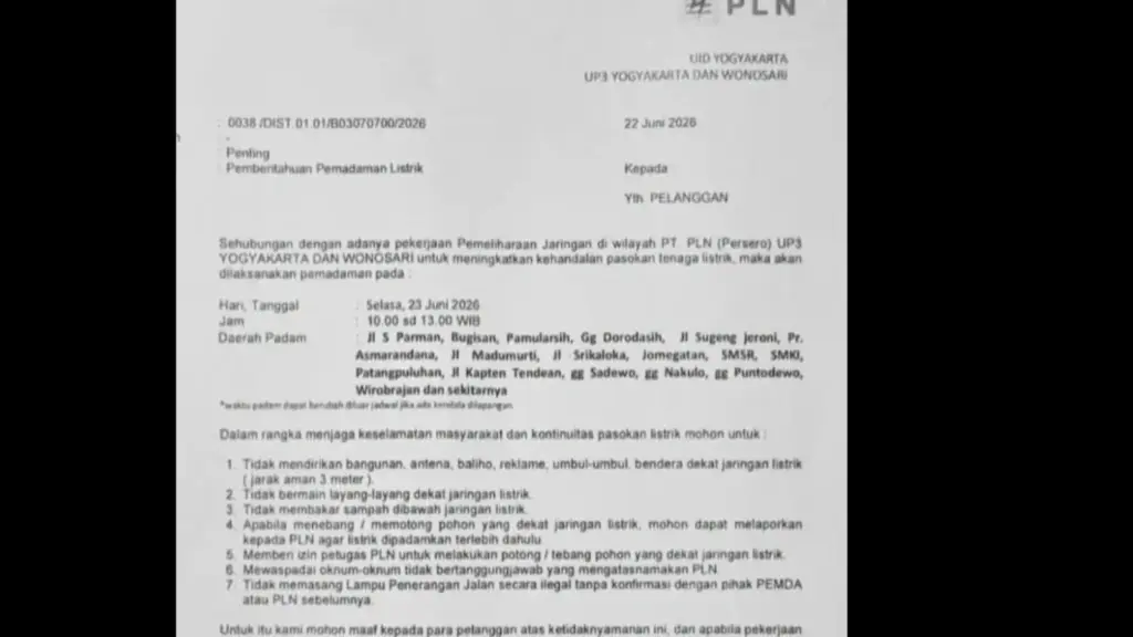 Info Pemadaman Listrik Hari Ini di Jogja Selasa 23 Juni