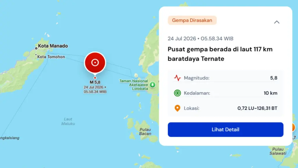 Gempa Bumi M 5,8 Guncang Ternate dan Manado