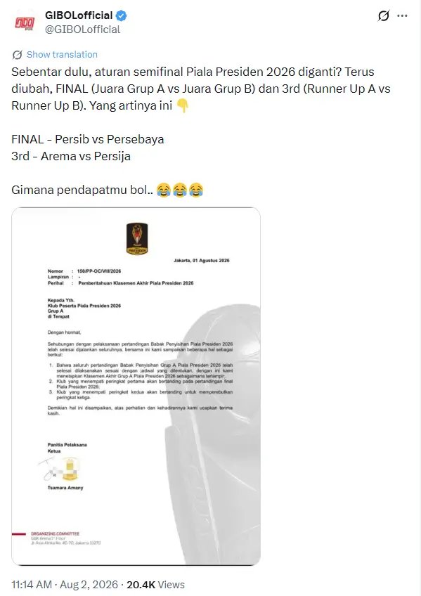 Rumor Aturan Final Piala Presiden 2026 Diubah